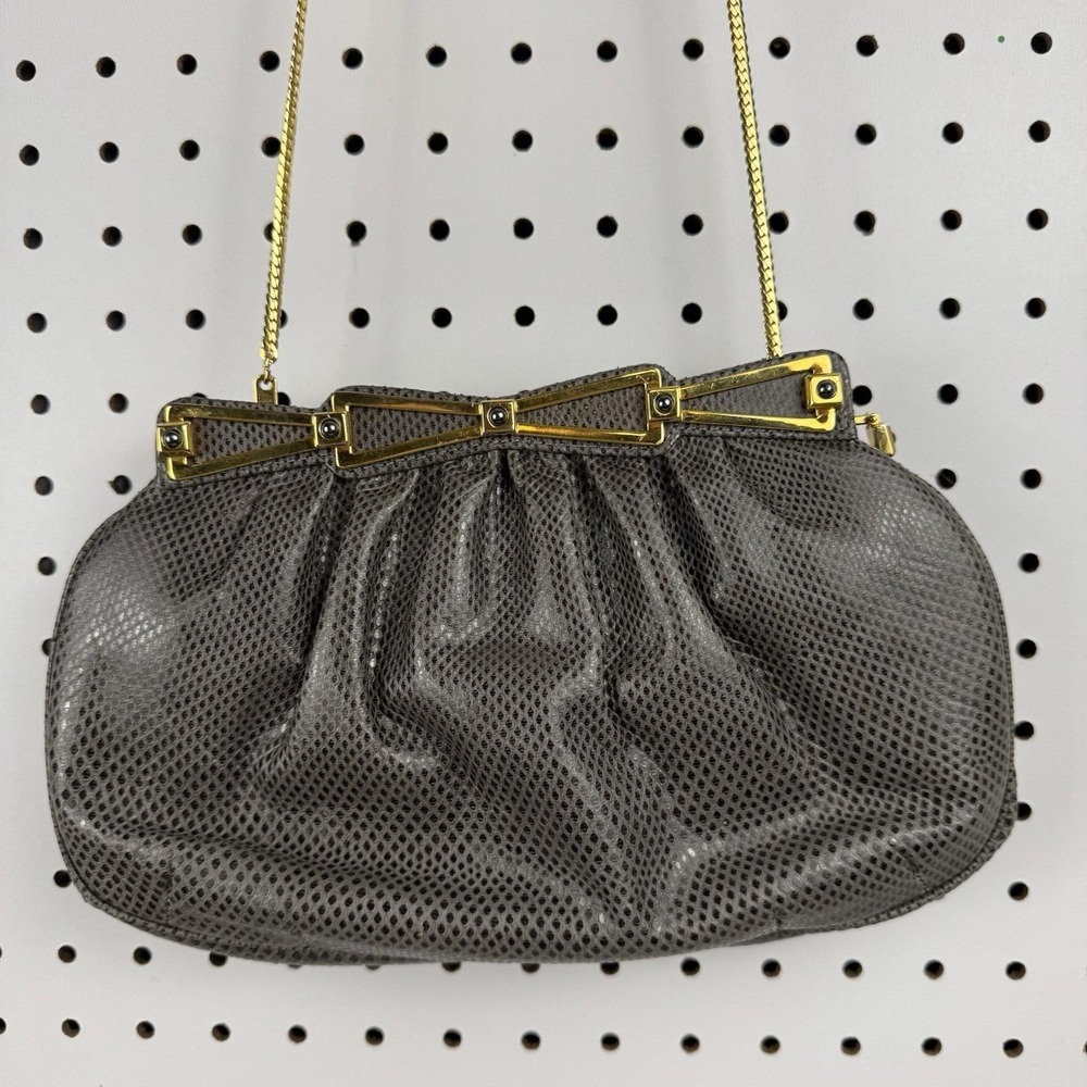 Vtg Ashneil 80s Gray Reptile Embossed Chain Shoulder Bag Purse Hong Kong